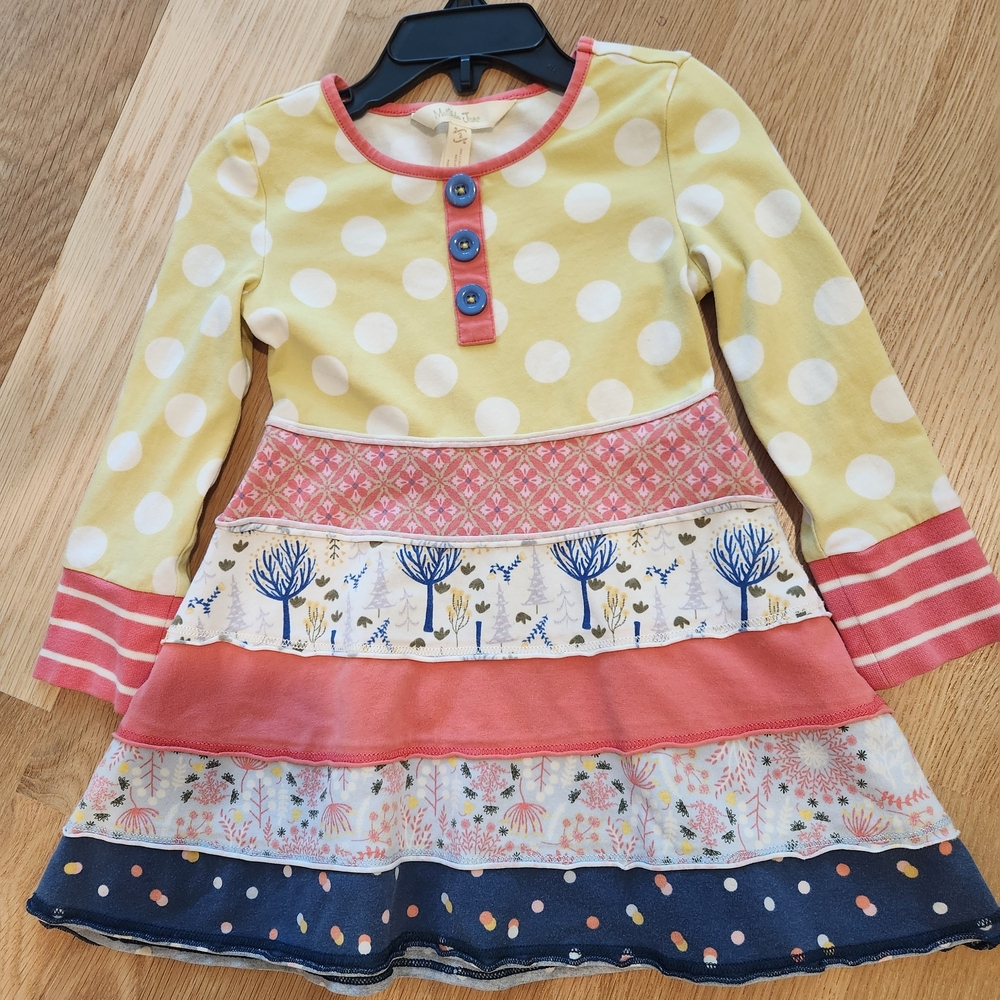 Matilda Jane Yellow Polka Dot Tiered Dress with Coral and Navy